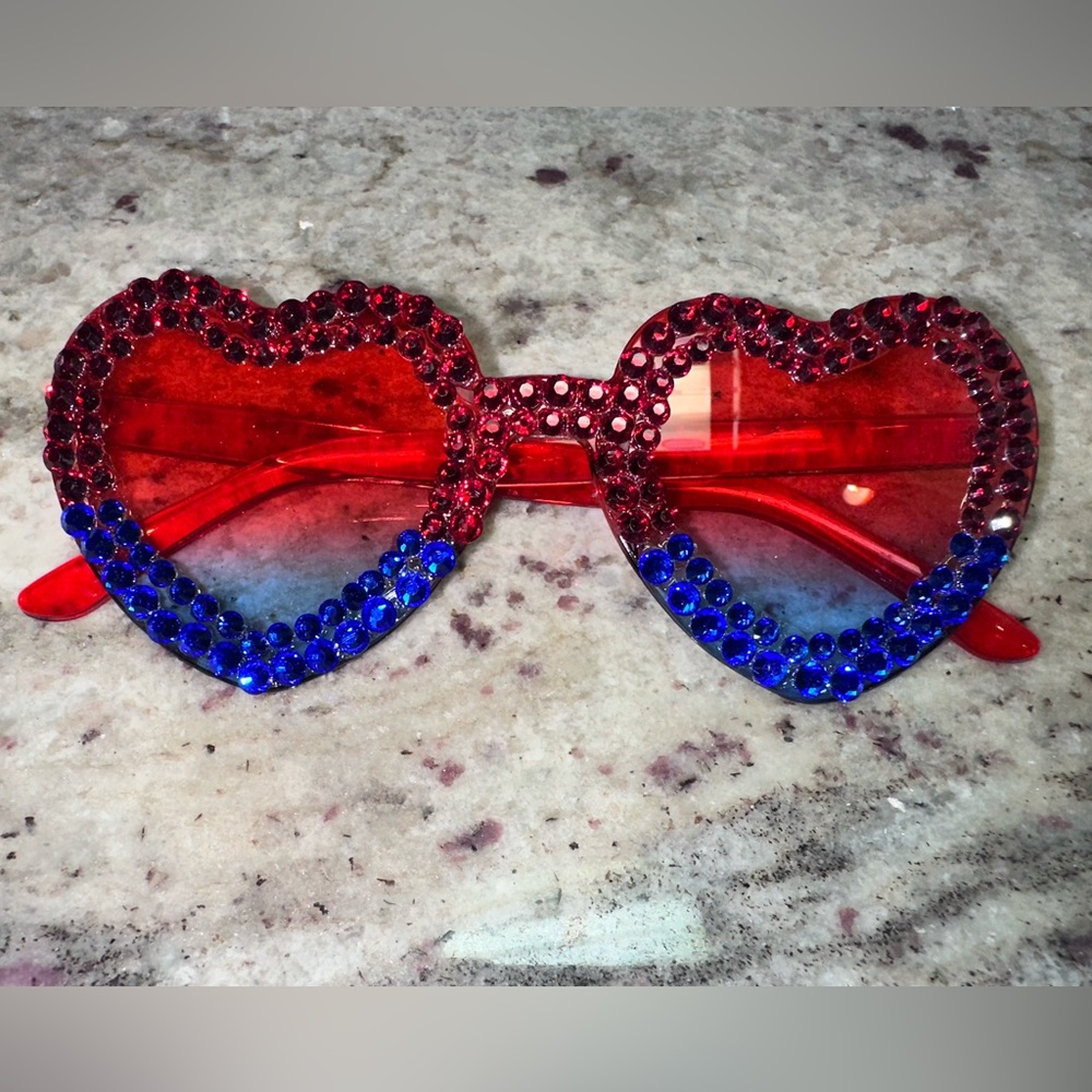 Heart-Shaped Red and Blue Rhinestone Sunglasses sunnies festival patriotic